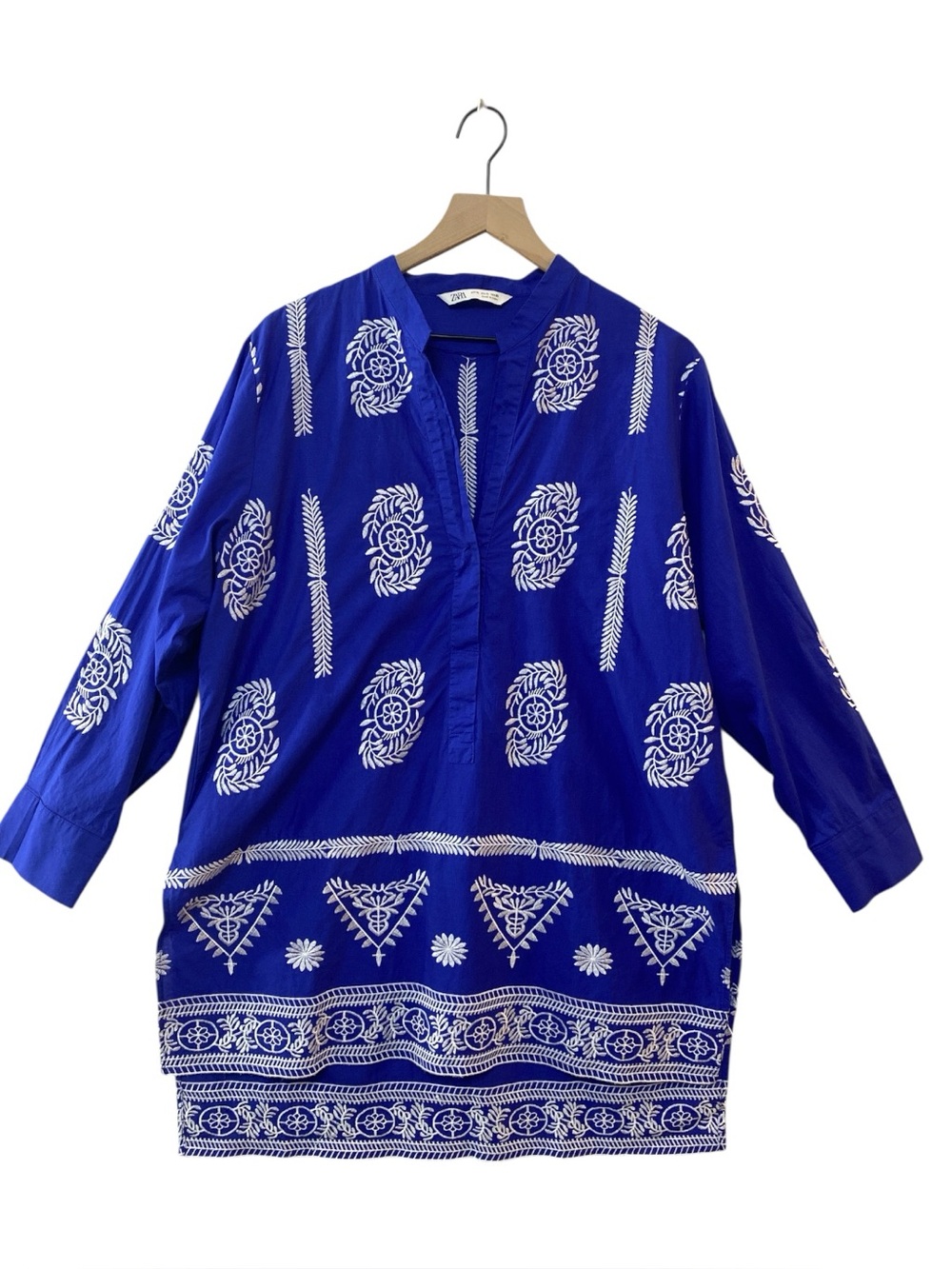 Zara Royal Blue Tunic Size XL White Embroidery Vacation Resort Bohemian